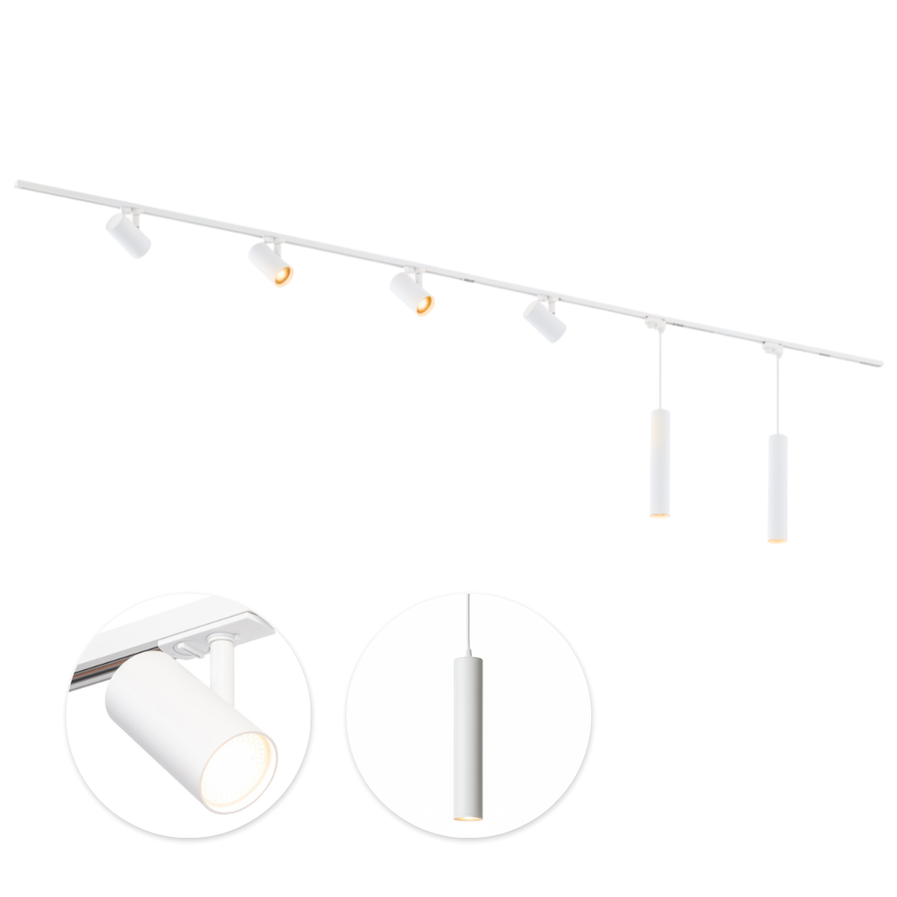 Witte railverlichtingset met 4 mesh-spots en 2 hanglampen, GU10-lichtpunten aan rail
