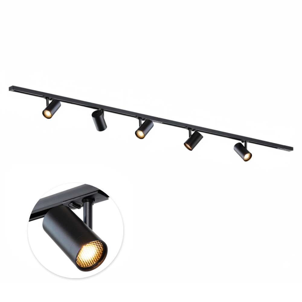 Zwarte railverlichting met 5 richtbare Mesh GU10 spots op 200 cm rail