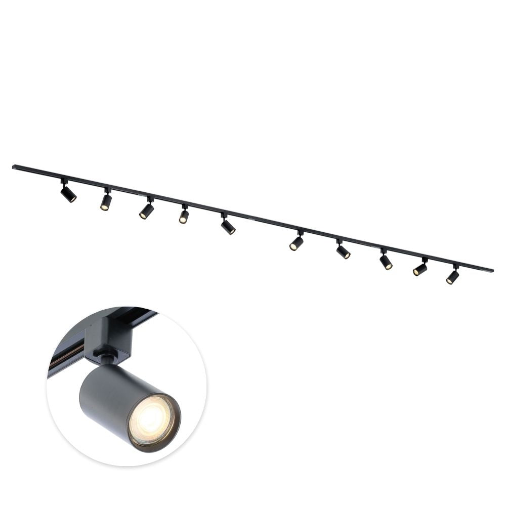Zwarte rail met meerdere gerichte spotlights op montagebalk