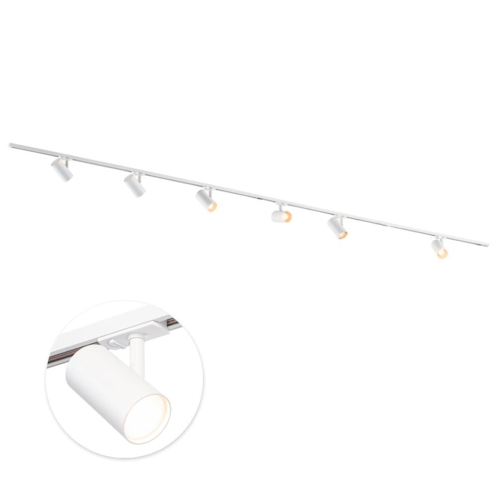 Witte 6-spot railverlichting met GU10 inbouwspots op een 400 cm rail