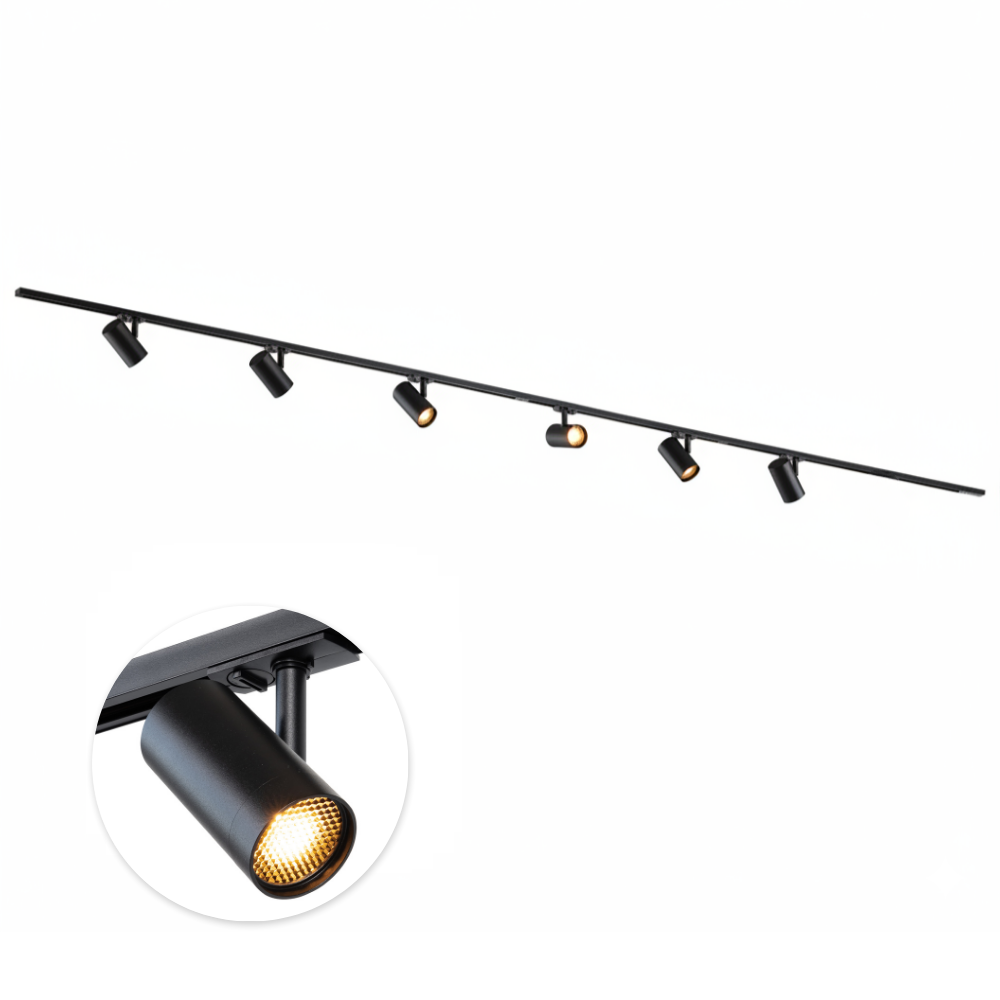 Zwarte railverlichting met 6 Mesh spots op een 400 cm rail