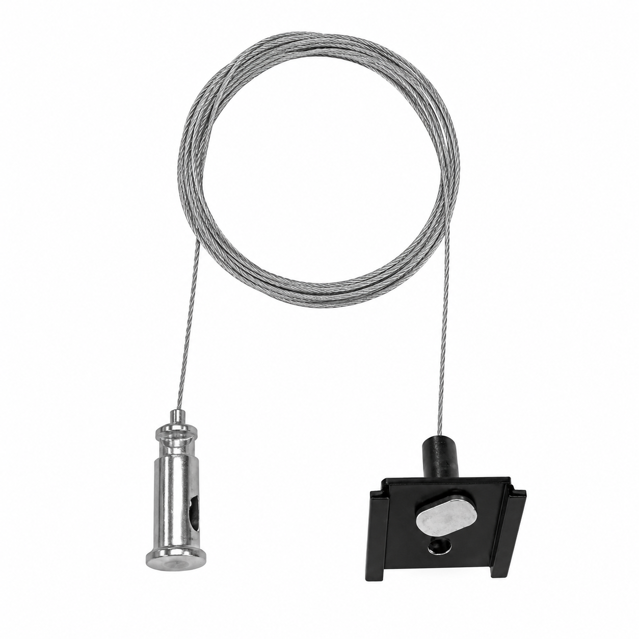 Pendelset voor railverlichting met metalen plafondkap en zwarte railadapter, kabel met lus