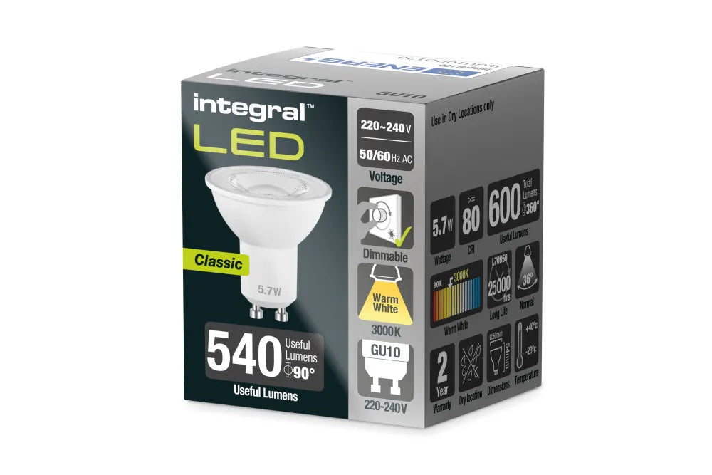 Verpakking van integral LED-lichtbron GU10 Classic, 5,7W, dimbaar, 3000K