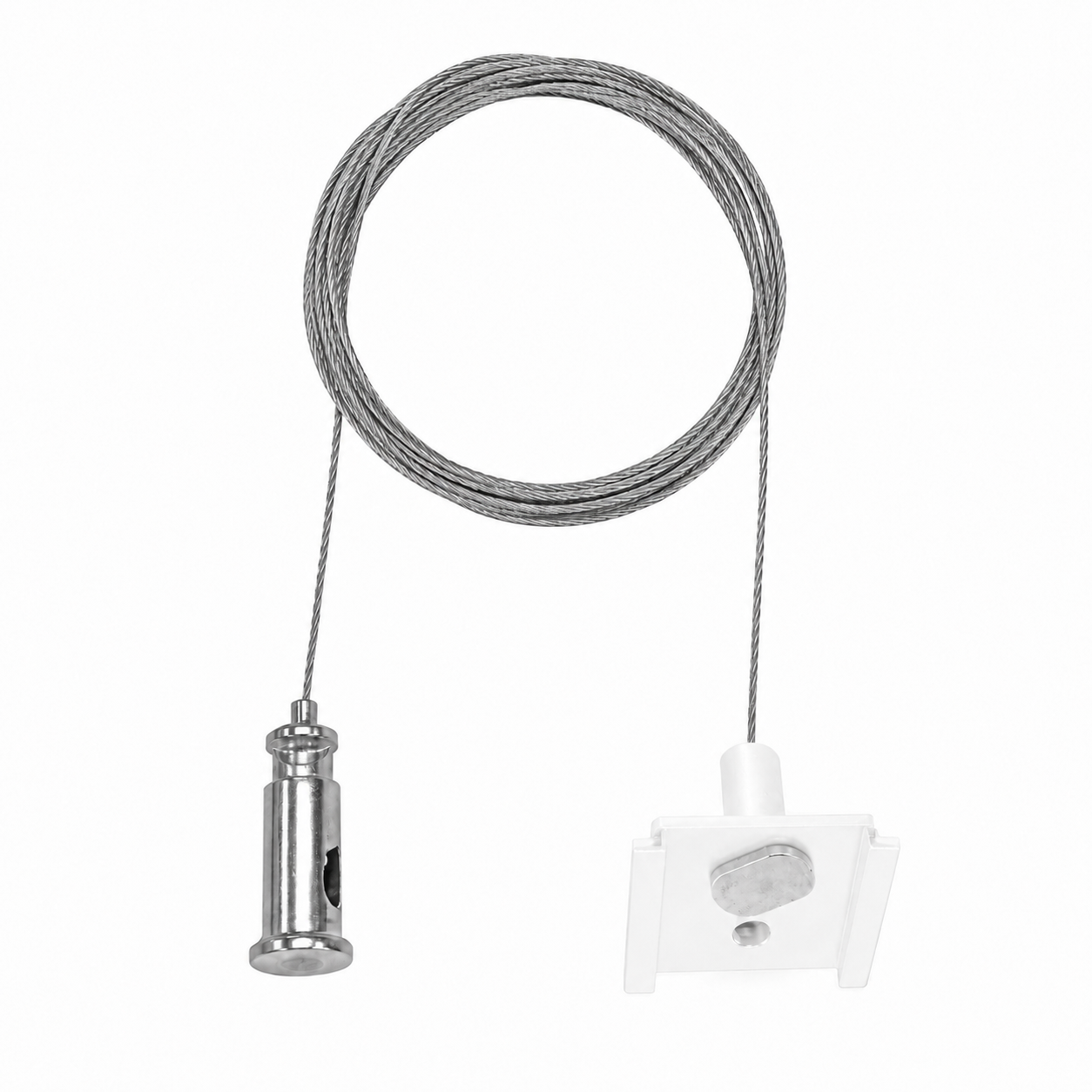 Pendelset railverlichting: grijze kabel met verchroomde fitting en witte klemconnector