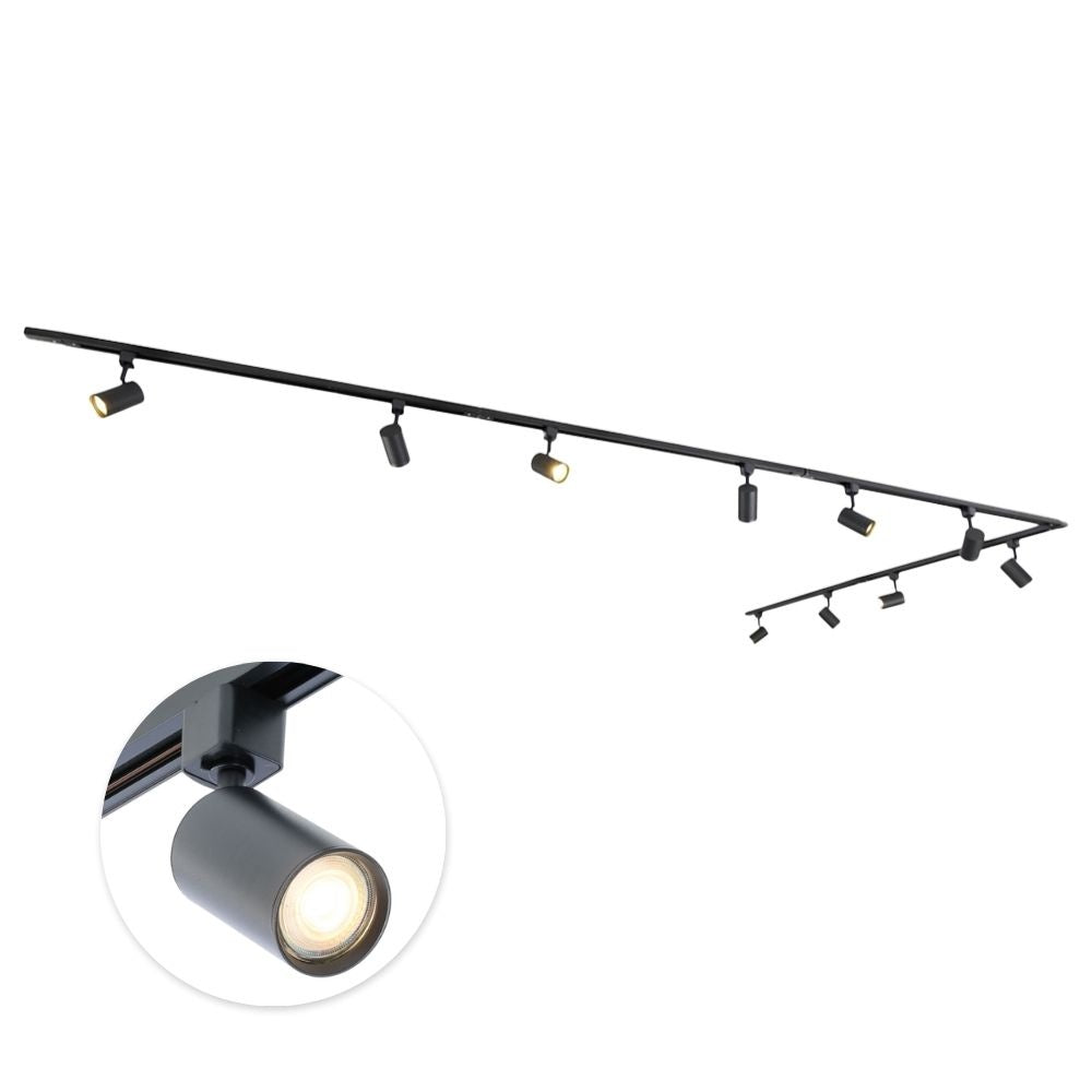Zwarte L-vorm railverlichting met 10 spots; één GU10 spot in close-up