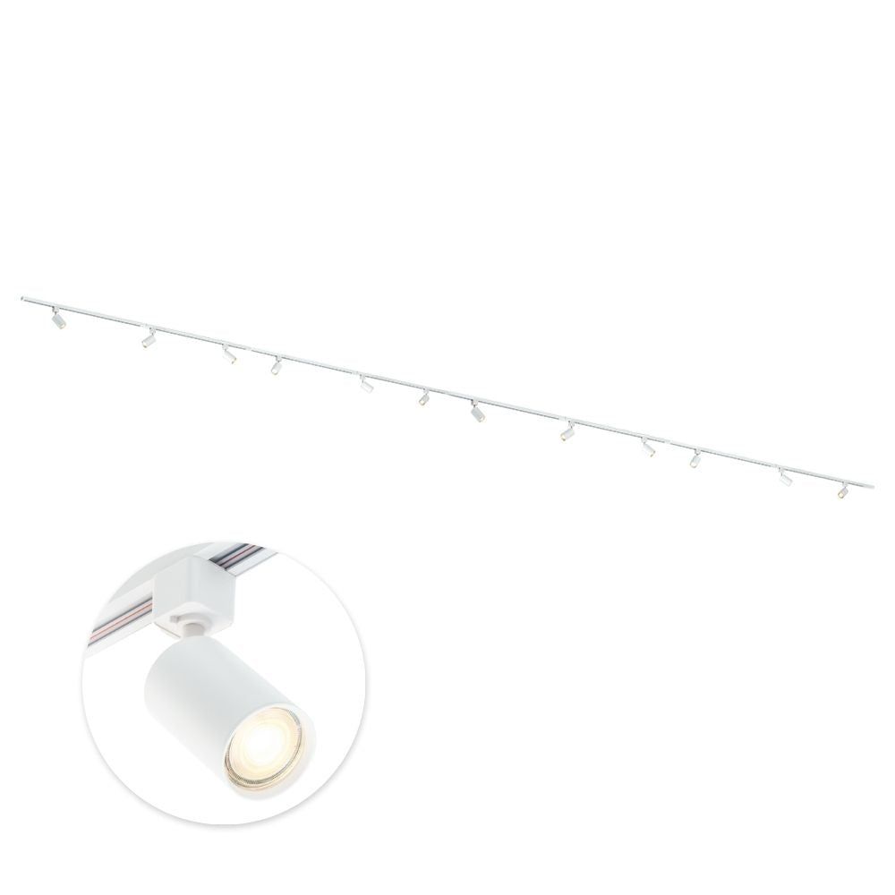 Witte railverlichting met 12 kantelbare GU10 spots langs een lineaire rail