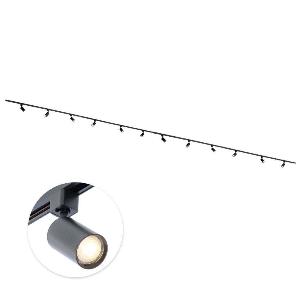 Zwarte 12-spots railverlichting met GU10 spots over een lange rail
