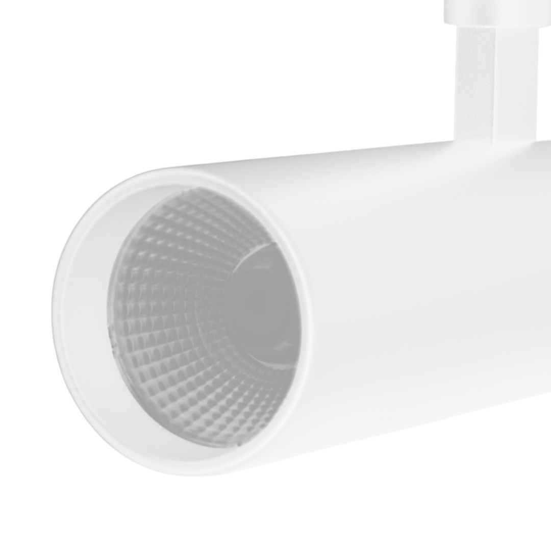Witte railspot met ronde LED-lens en zichtbare reflectorstructuur
