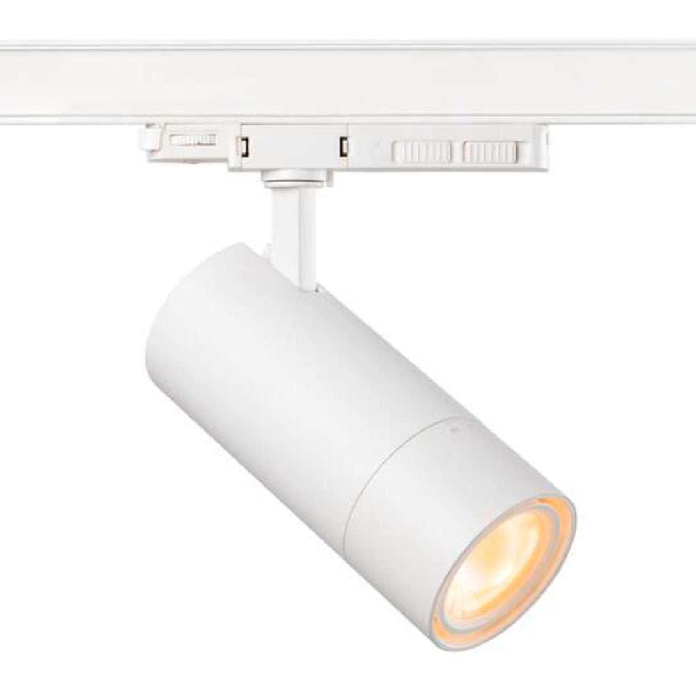Witte LED-railspot met ronde lens en warm wit licht op railarmatuur
