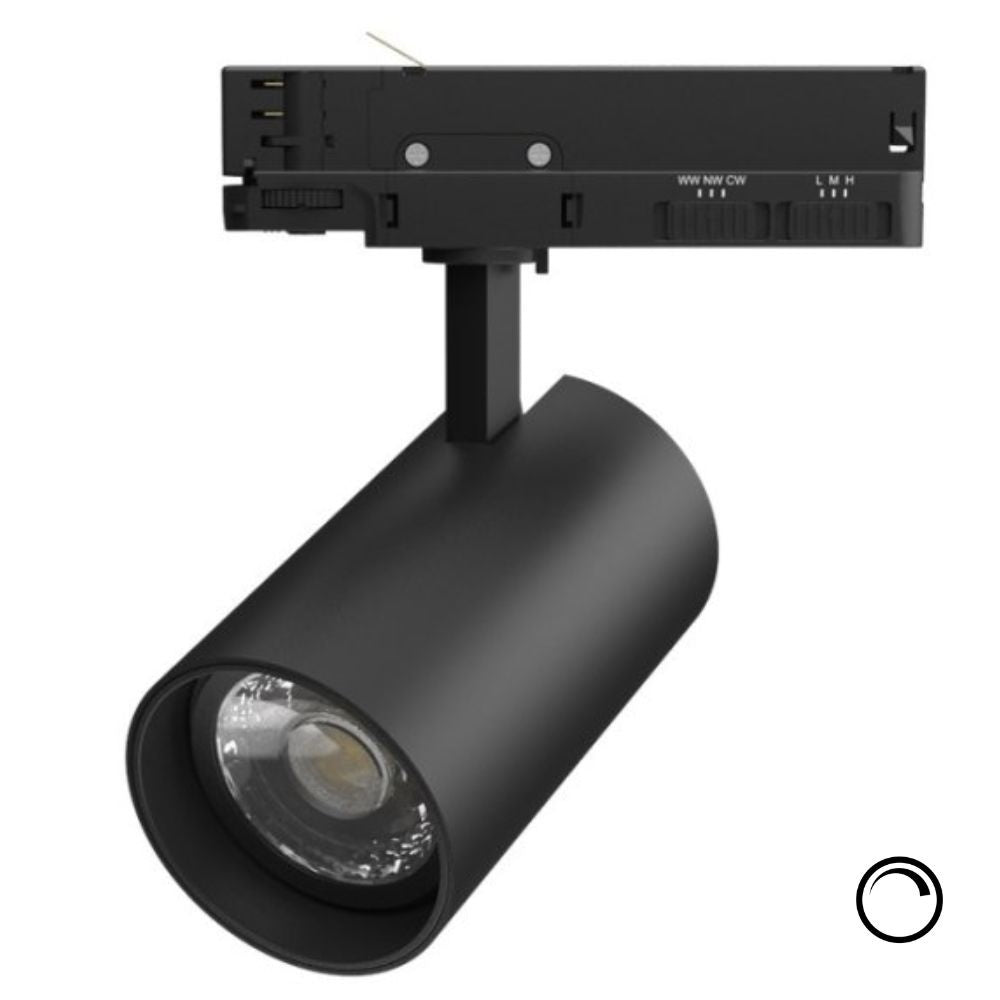 Zwarte 3-fase railspot met cilindervormige LED-armatuur en naar voren gerichte spotkop.