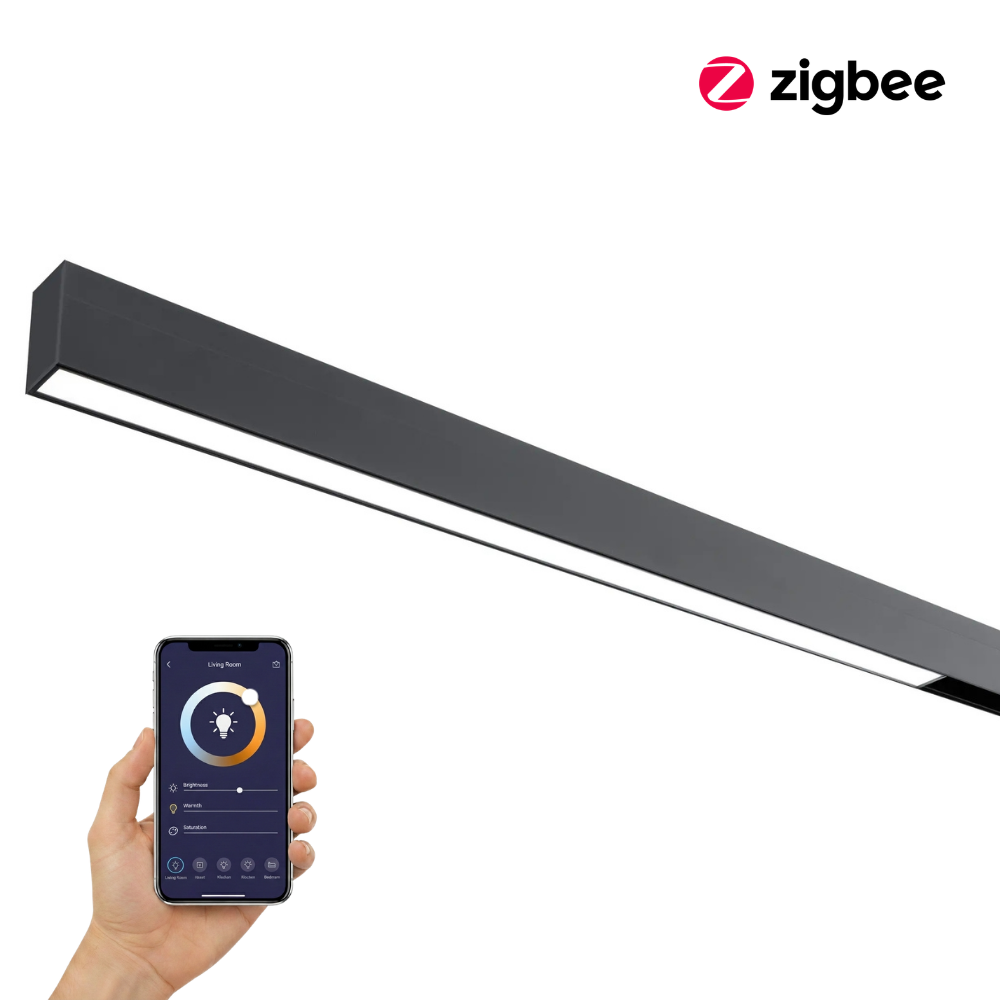 Zigbee LED-railverlichting met zwarte lineaire behuizing en lange lichtbalk
