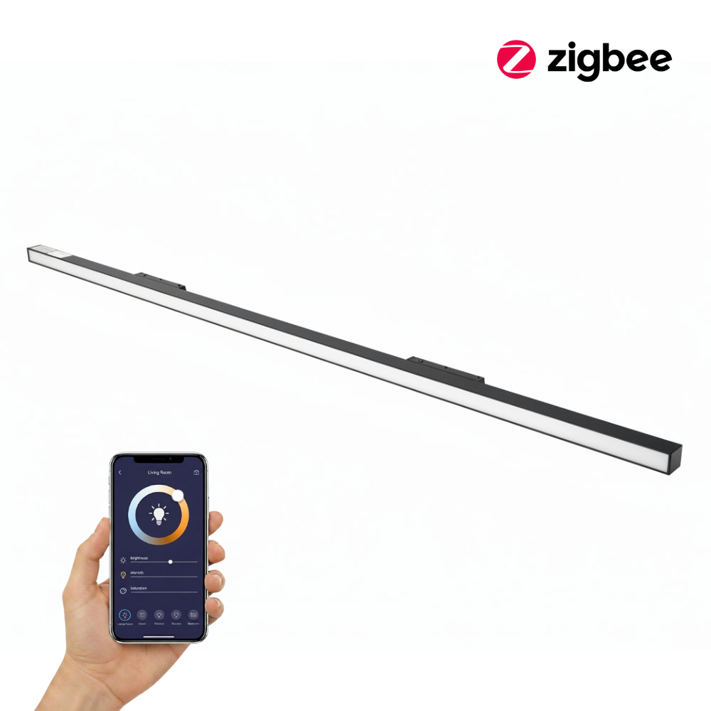 Zwarte Zigbee slimme magneet railverlichting, bedienbaar via smartphone in de hand.