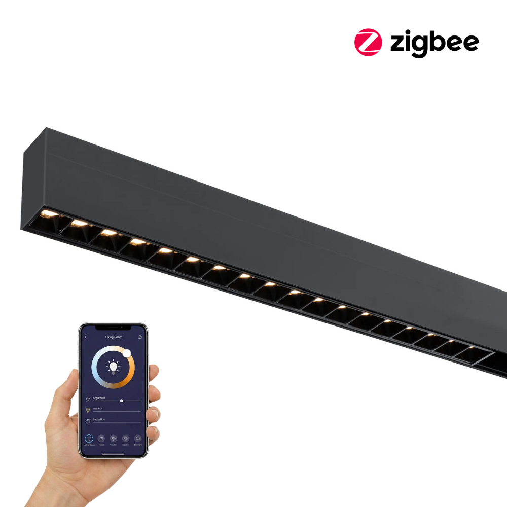 Zwarte railverlichting met warm LED-dots en Zigbee app op smartphone