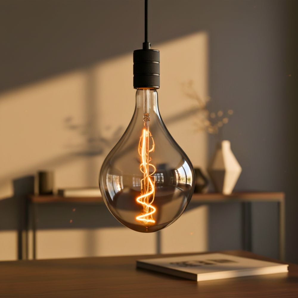 Hanglamp met druppelvormige rookglazen bol en zichtbare gloeidraad, zwarte fitting