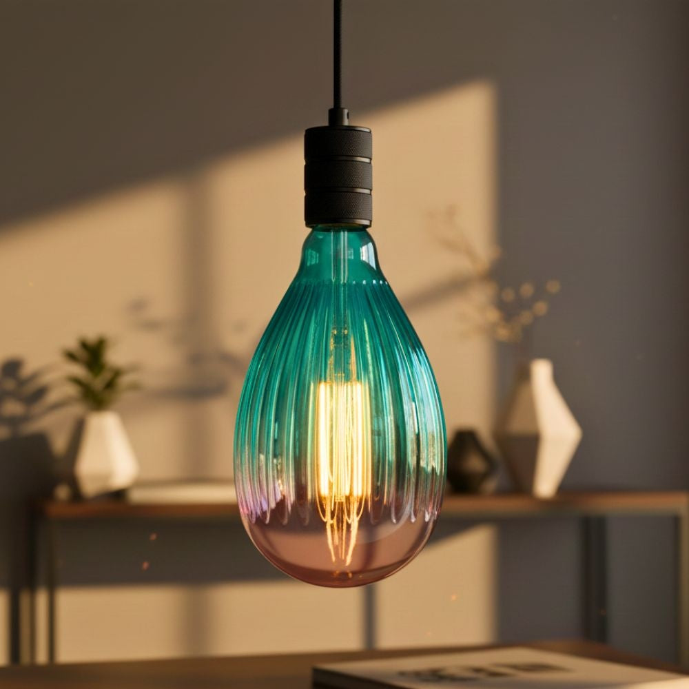 Teal glazen hanglamp met zwarte fitting en zichtbare gloeidraadlamp