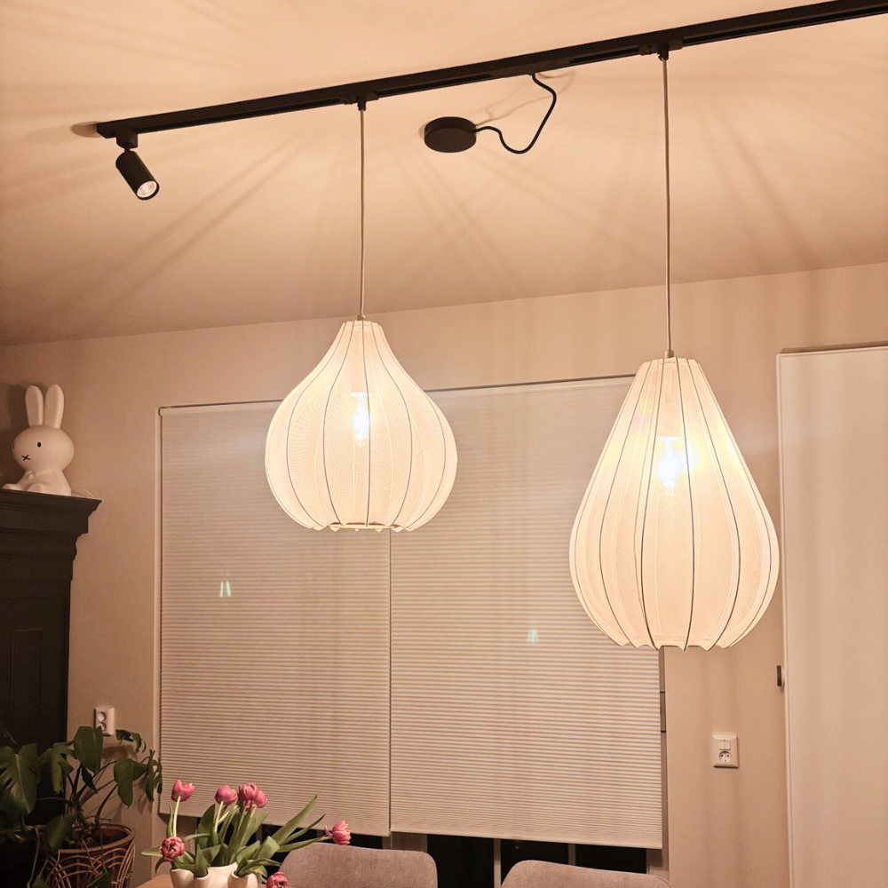 Zwarte hanglamp-adapter aan plafondrail met twee hanglampen