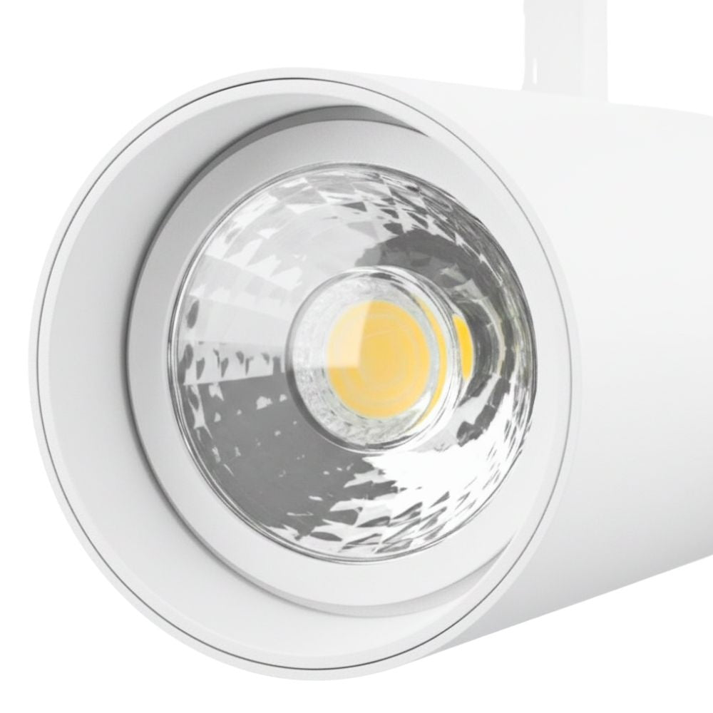 LED-railspot met ronde reflector en zichtbare COB-led in wit armatuur.
