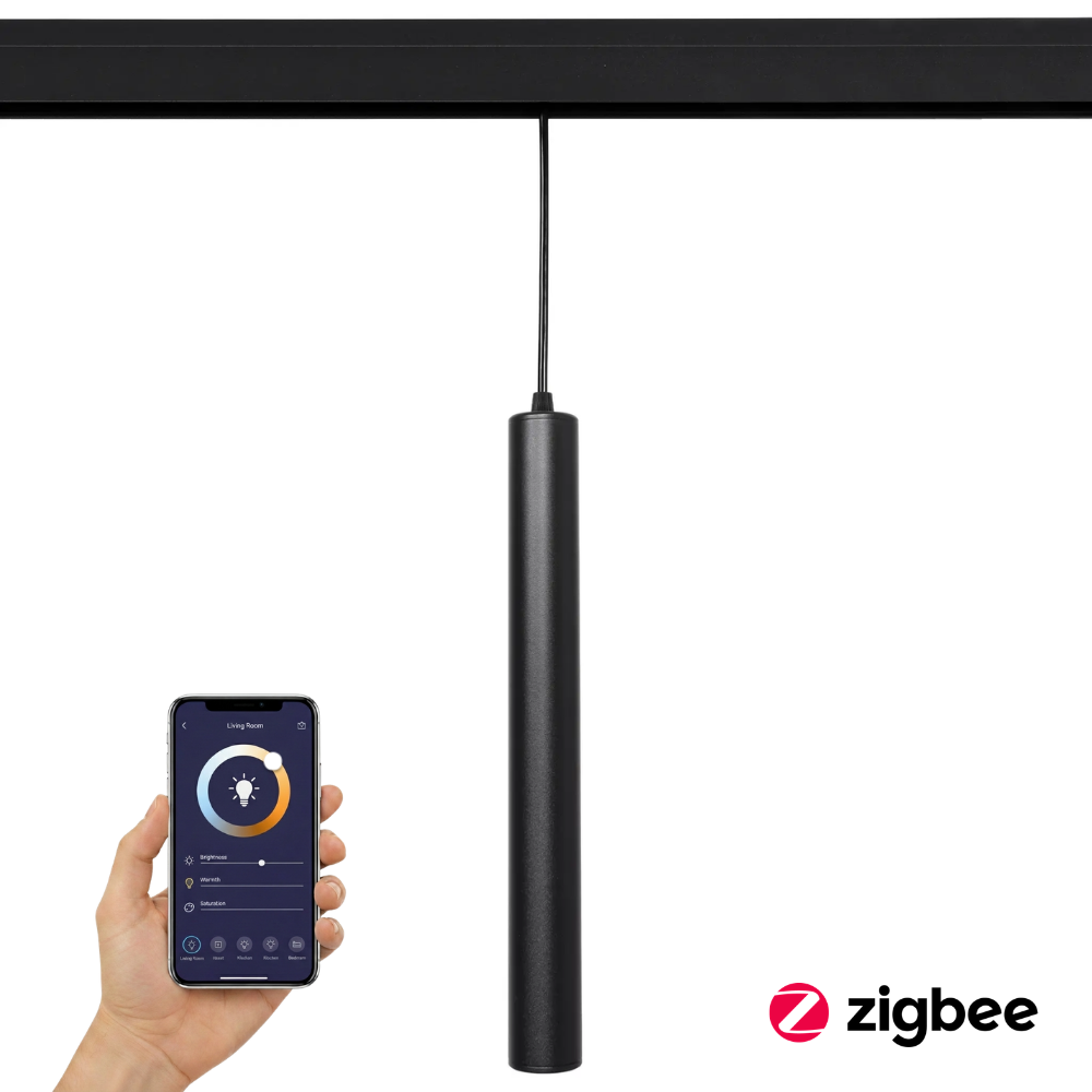 Zwarte hanglamp met cilindrisch armatuur en ophangkabel