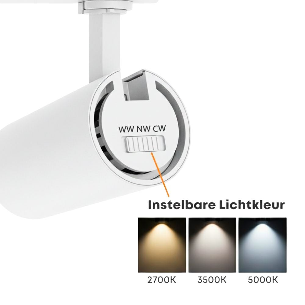Witte LED-railspot met instelbare lichtkleur (2700K, 3500K, 5000K) en ring.