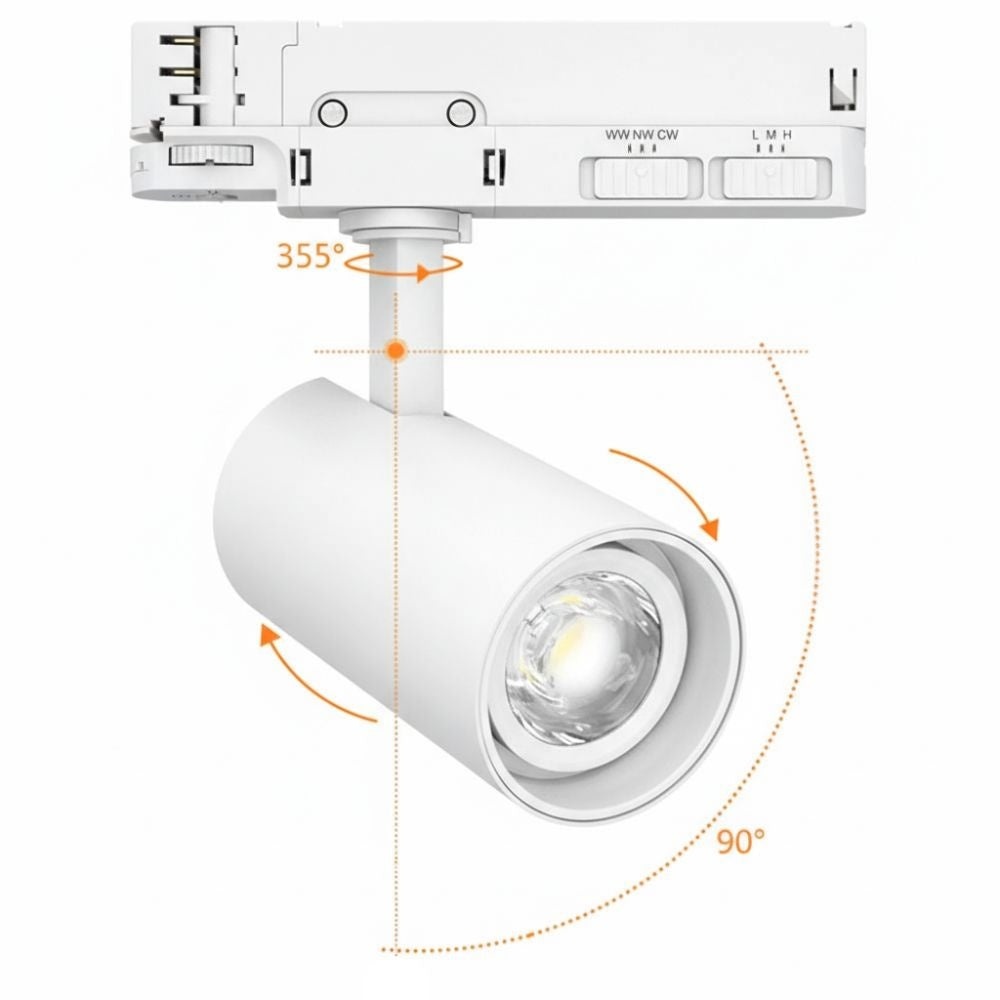 Witte LED-railspot met instelbare kantelhoek tot 90° en zwenkmogelijkheid.
