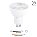Dimbare GU10 LED-lichtbron met heldere kap, wit ontwerp; instelbaar warm tot koel wit licht
