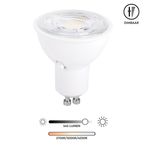 Dimbare GU10 LED-lichtbron met heldere kap, wit ontwerp; instelbaar warm tot koel wit licht