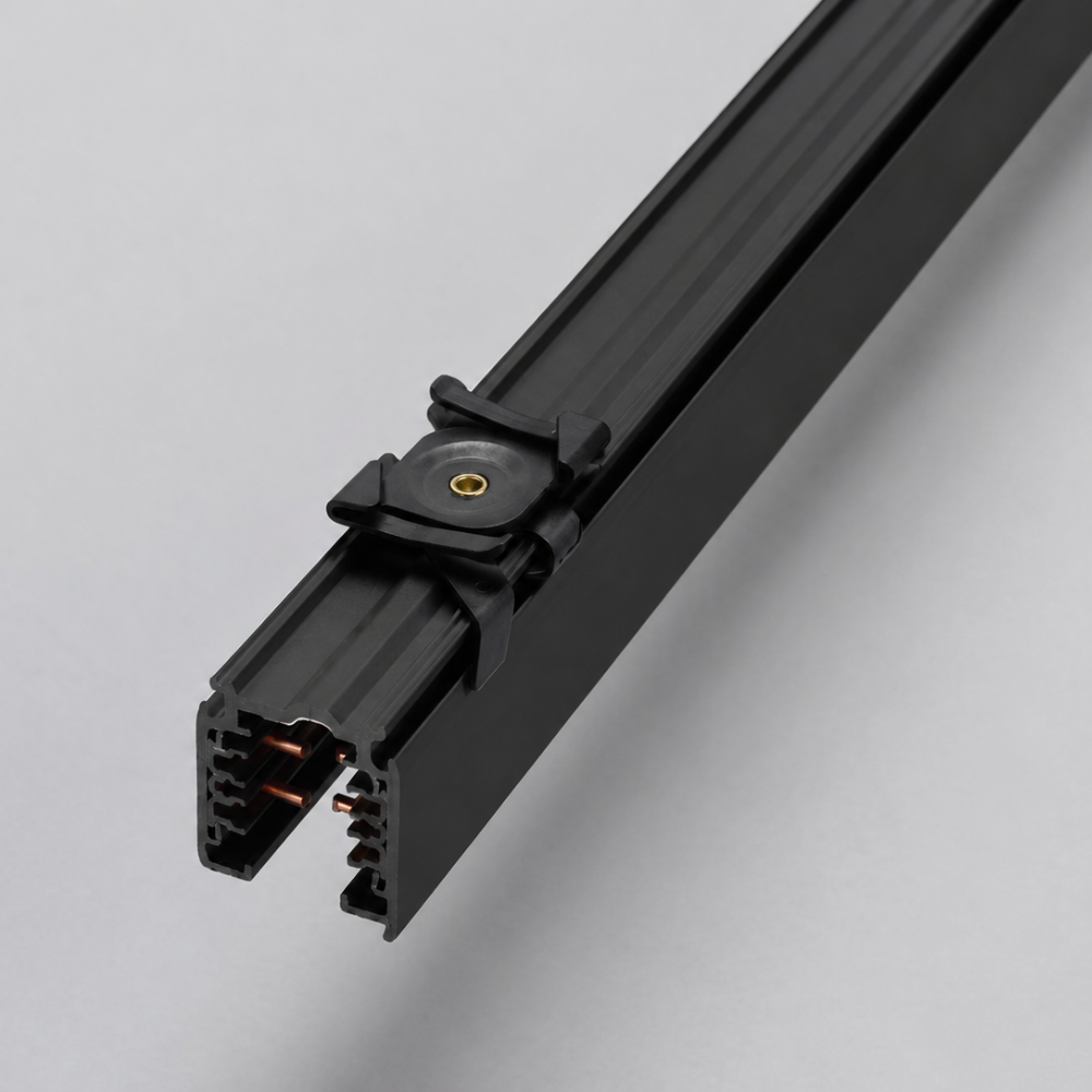 Zwarte pendelclip op 3-fase rail, met zichtbare aansluitcontacten