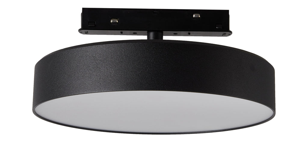 Orion magnetische railplafondlamp met ronde zwarte kap en montageplaat bovenop