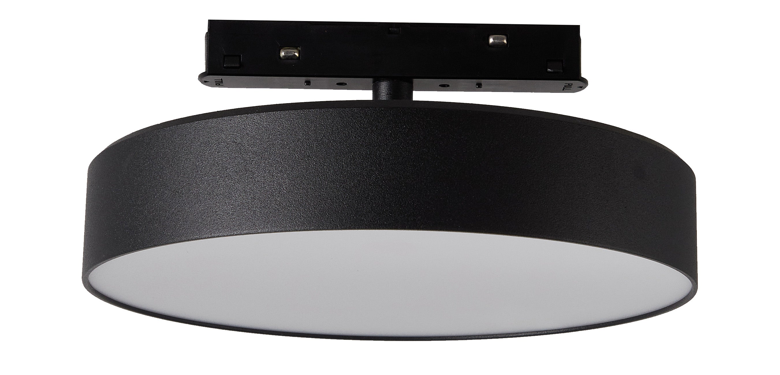 Orion magnetische railplafondlamp met ronde zwarte kap en montageplaat bovenop