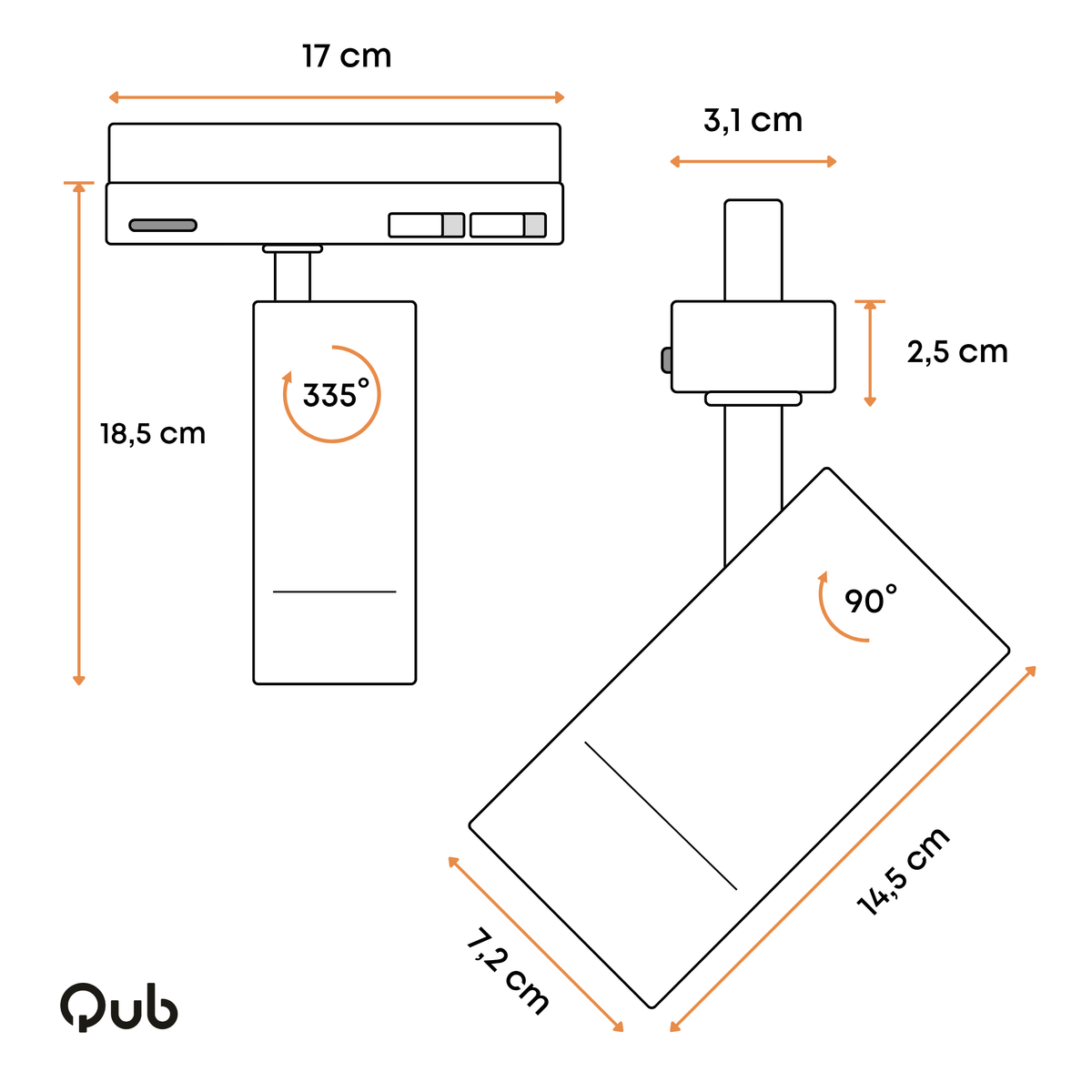 Witte railspot met kantelbare LED-behuizing, 14,5 cm lang