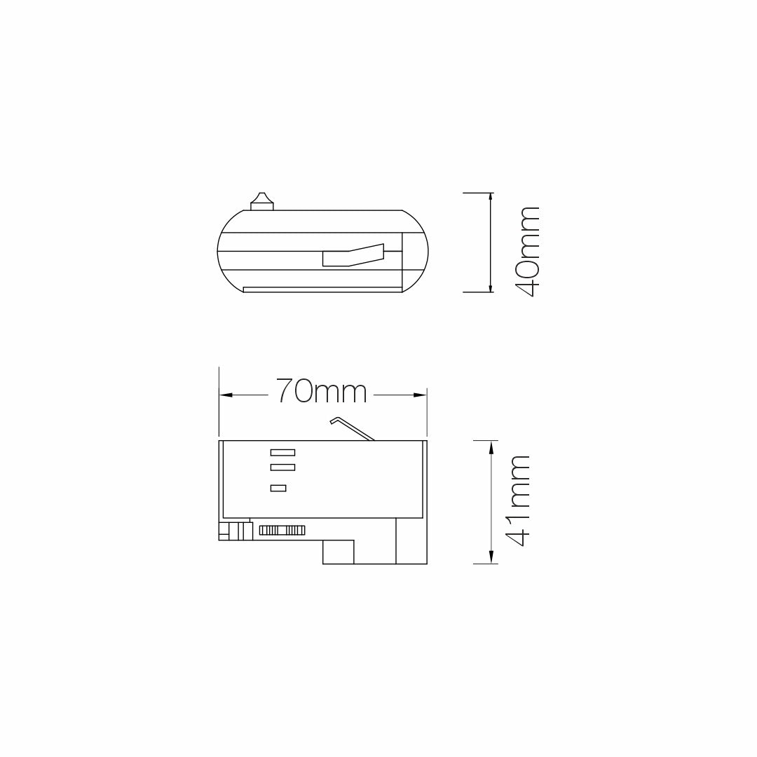 Quadra 3-fase hanglampadapter wit, maatvoering 70×40 mm tekening