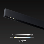 Zwart lineair railarmatuur met 6 LED-spots; kleurtemperatuurkeuze 2700K–6000K (Zigbee)