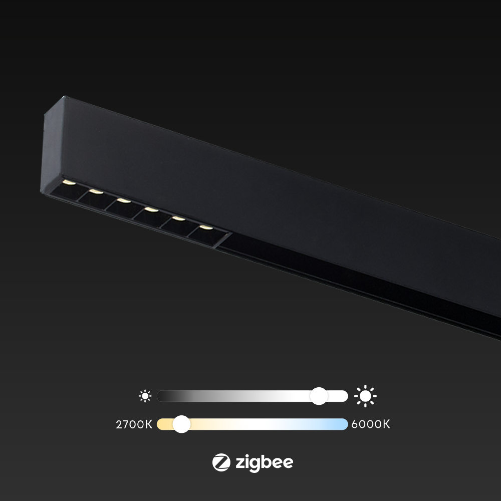 Zwarte lineaire lichtmodule op rail met meerdere LED-lampjes, instelbare lichtintensiteit