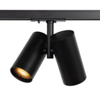Dubbele zwarte GU10 railspot op rail met twee kappen en warm wit verlichte gloeidraad