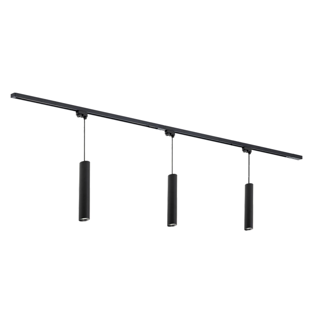 Zwarte railverlichting met drie hanglampen, slanke GU10 spots aan 200 cm rail.