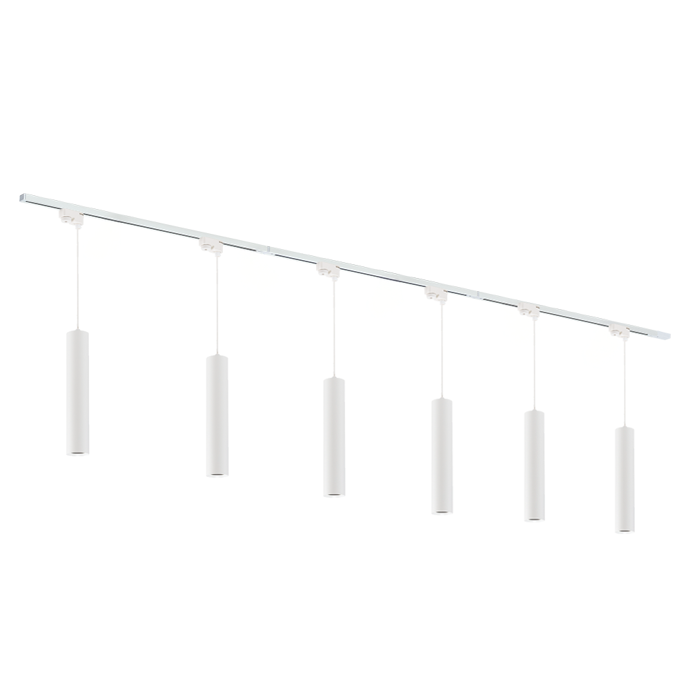 Witte railverlichting met 6 hanglampjes en GU10 lampkappen