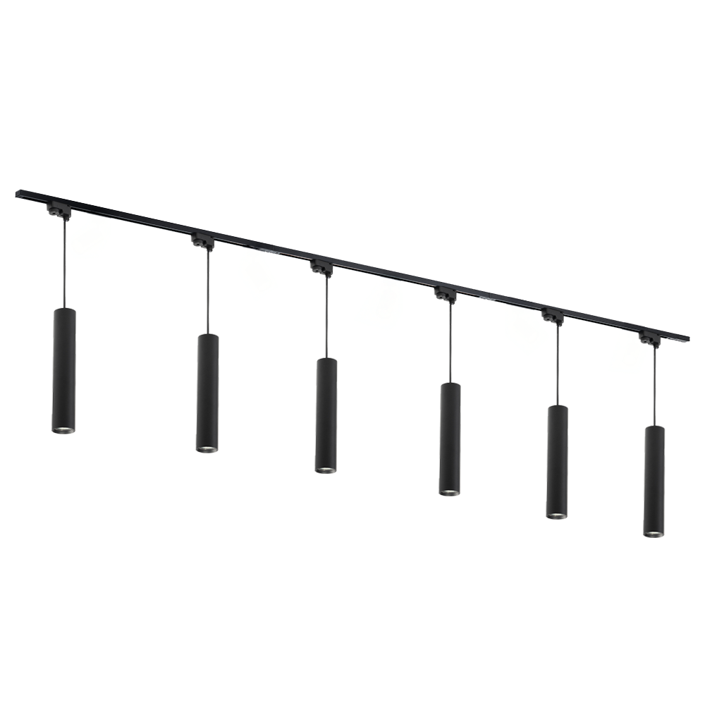 Zwarte railverlichting met 6 cilindrische spots en GU10-fittingen, horizontale rail