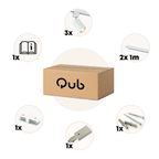 Qub verpakking met 3x spot, montageonderdelen en handleiding