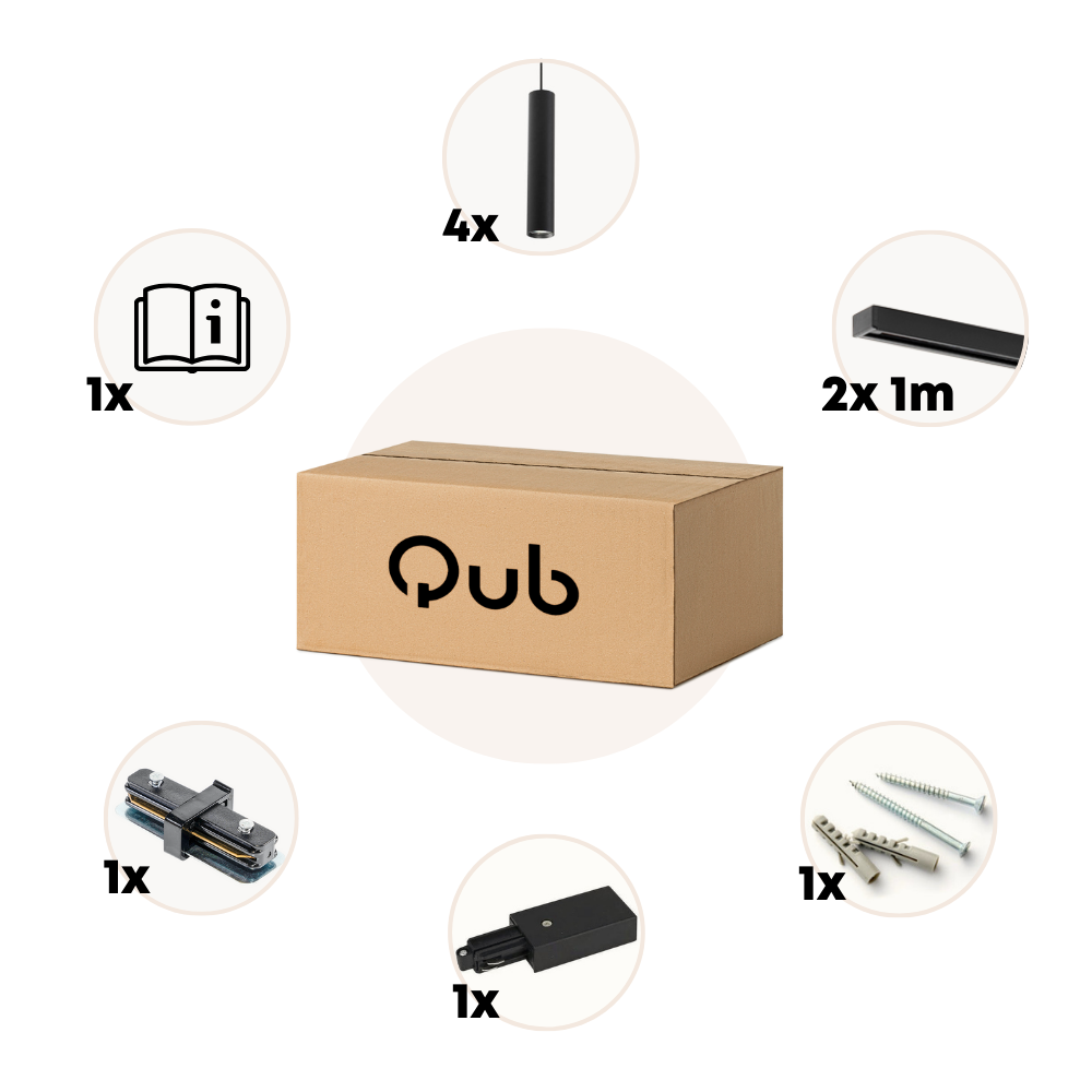 Verpakkingsset railverlichting: Qub doos met onderdelen en 4x zwarte GU10 kappen