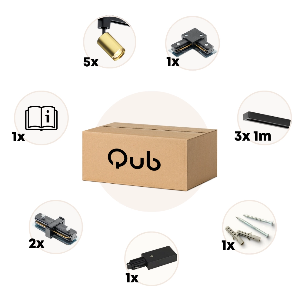 Verpakkingsinhoud: zwarte rail, 5x gouden GU10 spots, kabels en montagemateriaal