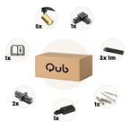 Verpakkingsinhoud: zwarte rail, 5x gouden GU10 spots, kabels en montagemateriaal