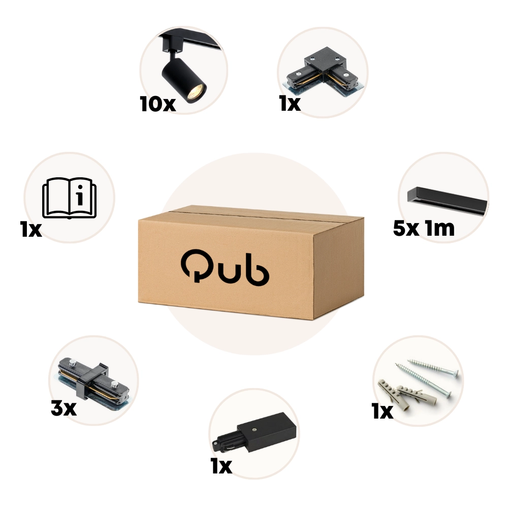 Verpakkingsinhoud: 10 spots, koppelstuk en montageonderdelen; 5×1 m kabel