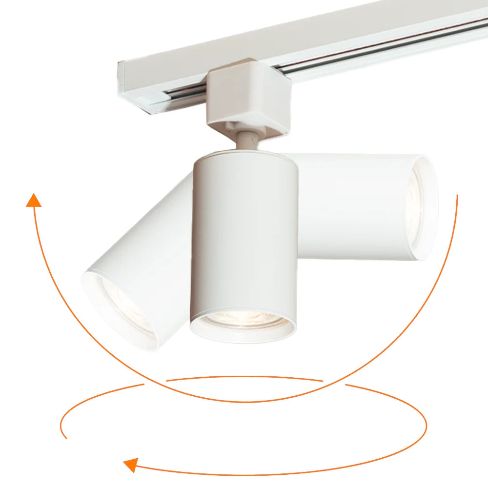 Witte GU10 railspot met richtbare lichtbundel op plafondrail