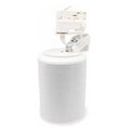 Witte audio-adapter voor 3-fase railverlichting, op witte cilindrische luidspreker met gaas.