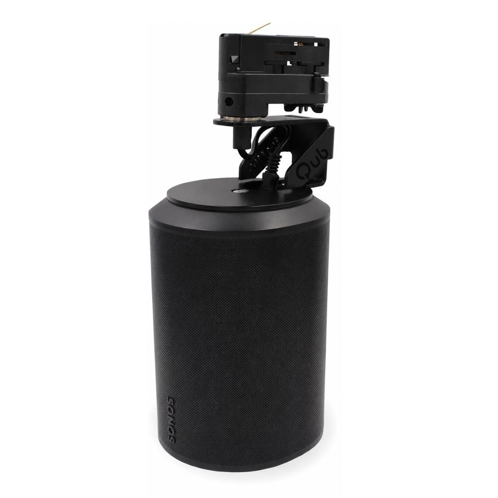 Zwarte audio-adapter voor 3-fase railverlichting, cilindrisch met aansluitmodule bovenop