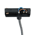 Zwarte hanglamp-adapter met aansluitklemmen en blauw-witte draad