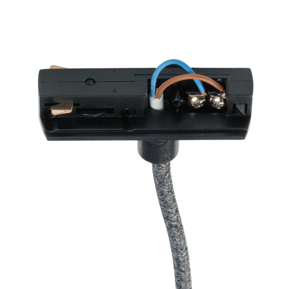 Zwarte hanglamp-adapter met aansluitklemmen en blauw-witte draad