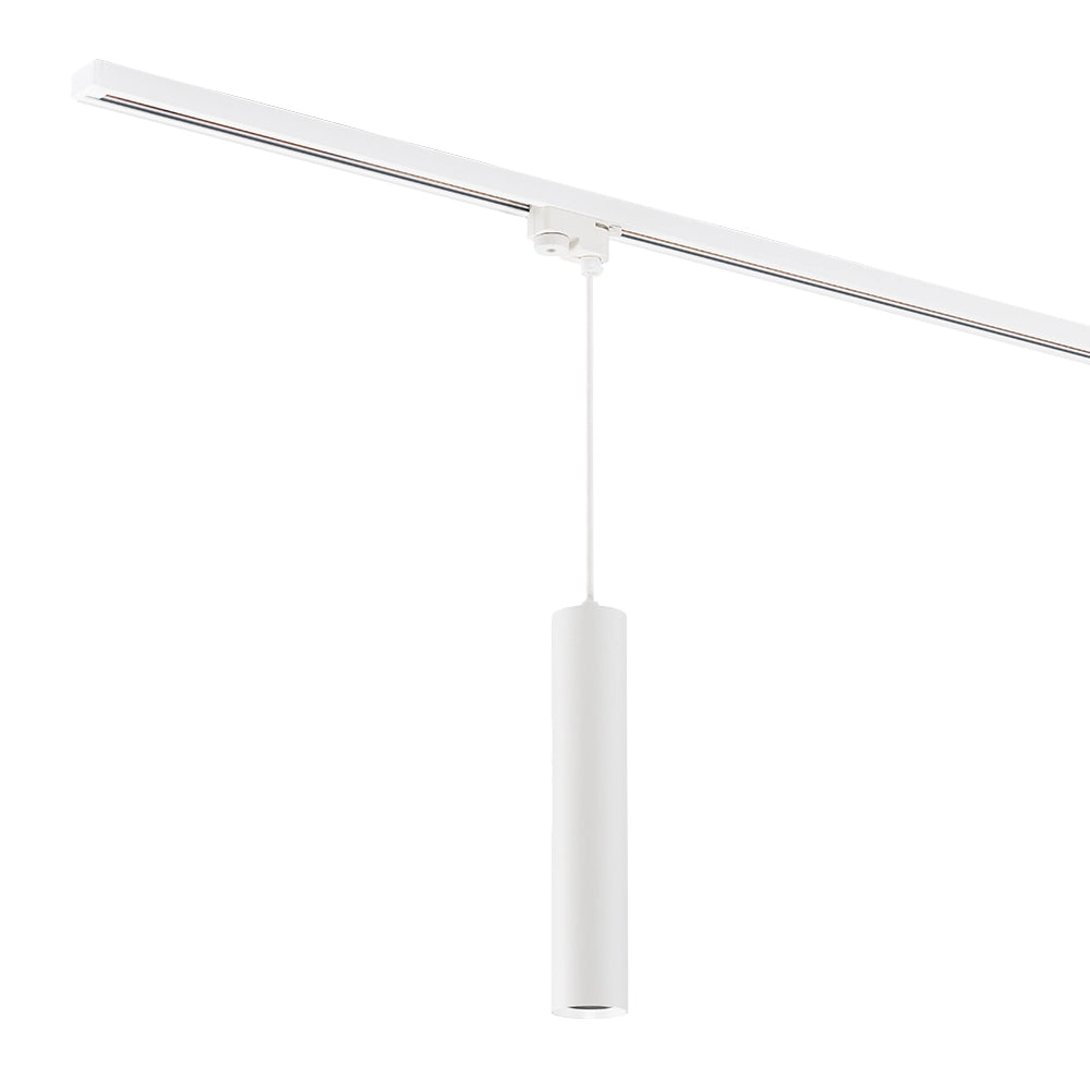 Witte hanglamp op plafondrail met rechte ophangkabel en cilindrische kap