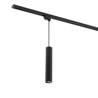 Zwarte hanglampmodule met cilindrische kap aan zwarte rail, inclusief ophanging
