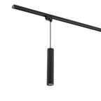 Zwarte railhanglamp met lange ophangbuis en één cilinderspot